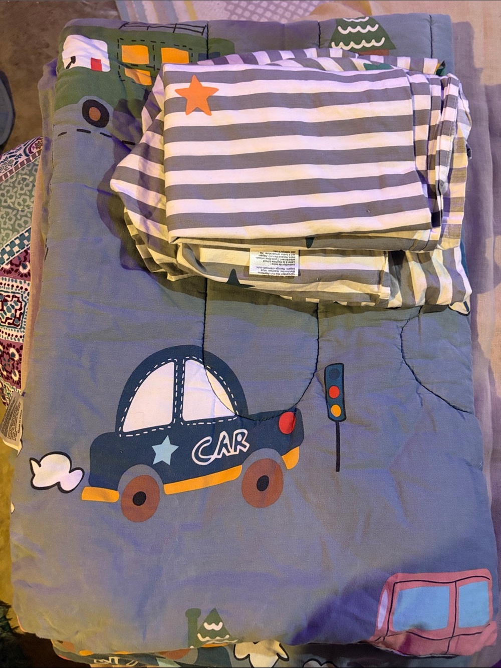 Kids Car Play Quilt and Striped Sheet Set -  fits Toddler Sized Mattresses/Beds
